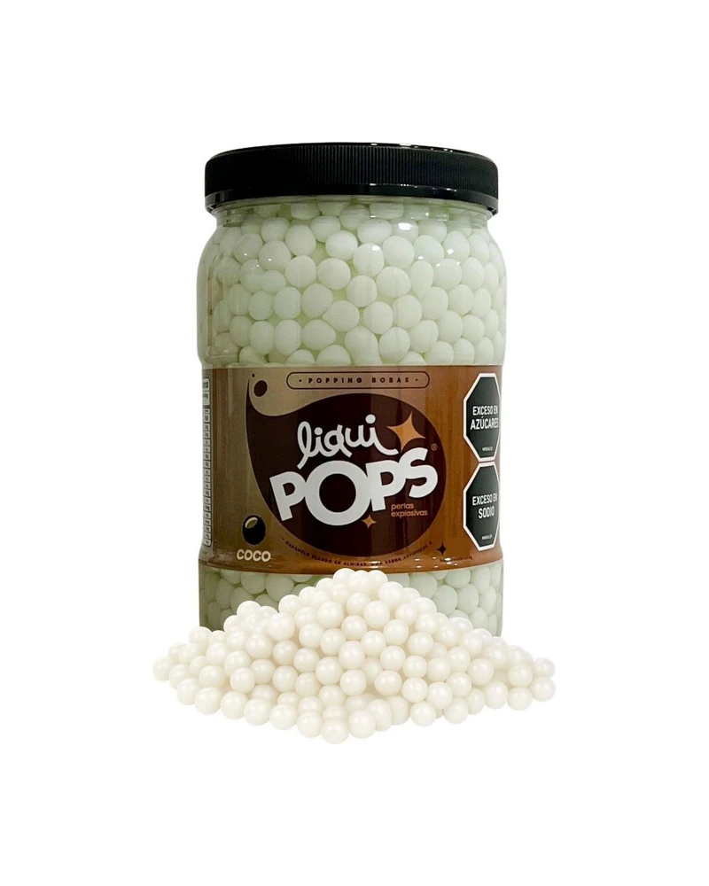 Tarro LiquiPops Coco 1150g — perlas explosivas en almíbar, fondo blanco
